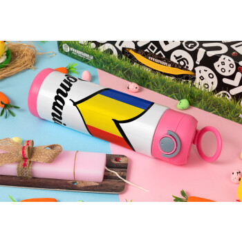 Romania flag, Πασχαλινή Λαμπάδα με Παιδικό παγούρι θερμό, ανοξείδωτο, με καλαμάκι ασφαλείας, ΡΟΖ (500ml)