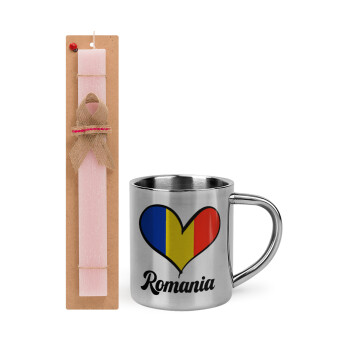 Romania flag, Easter Set, metallic thermal cup (300ml) & aromatic flat Easter candle (30cm) (PINK)