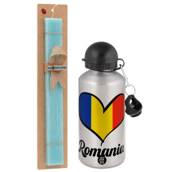 Romania flag, Easter Set, metallic silver aluminum water bottle (500ml) & scented flat Easter candle (30cm) (TURQUOISE)