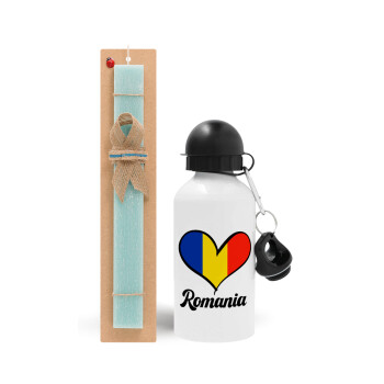 Romania flag, Easter Set, metallic aluminum water bottle (500ml) & scented flat candle (30cm) (TURQUOISE)