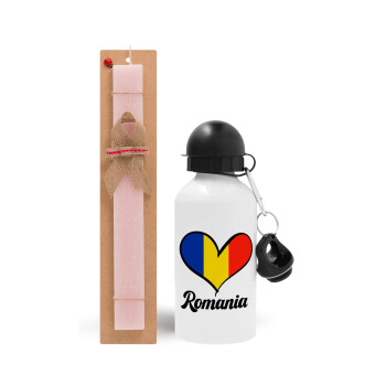 Romania flag, Πασχαλινό Σετ, παγούρι μεταλλικό αλουμινίου (500ml) & πασχαλινή λαμπάδα αρωματική πλακέ (30cm) (ΡΟΖ)