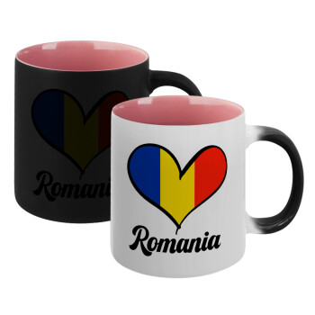 Romania flag, Κούπα Μαγική εσωτερικό ΡΟΖ, κεραμική 330ml που αλλάζει χρώμα με το ζεστό ρόφημα