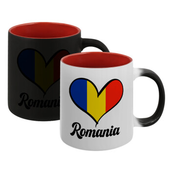 Romania flag, Κούπα Μαγική εσωτερικό κόκκινο, κεραμική, 330ml που αλλάζει χρώμα με το ζεστό ρόφημα (1 τεμάχιο)