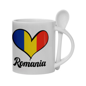 Romania flag, Ceramic coffee mug with Spoon, 330ml (1pcs)