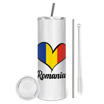 Romania flag, Eco friendly ποτήρι θερμό (tumbler) από ανοξείδωτο ατσάλι 600ml, με μεταλλικό καλαμάκι & βούρτσα καθαρισμού