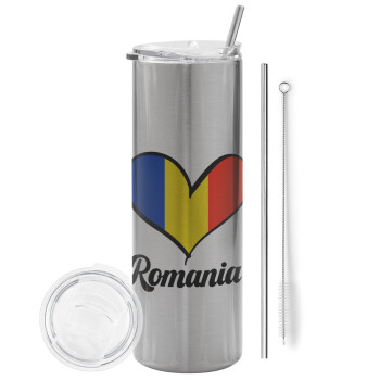 Romania flag, Eco friendly ποτήρι θερμό Ασημένιο (tumbler) από ανοξείδωτο ατσάλι 600ml, με μεταλλικό καλαμάκι & βούρτσα καθαρισμού