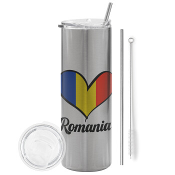 Romania flag, Tumbler stainless steel Silver 600ml, with metal straw & cleaning brush