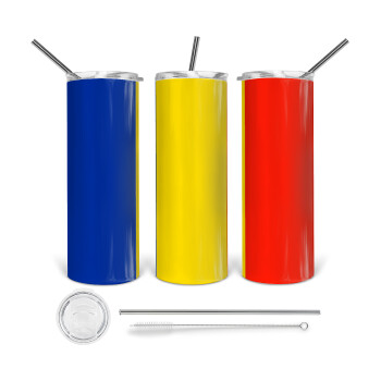 Romania flag, Tumbler stainless steel 600ml, with metal straw & cleaning brush