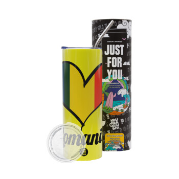 Romania flag, Neon Yellow Travel Tumbler, with metal straw (Stainless steel 304 Food grade, BPA free, 600ml)
