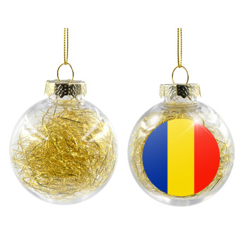 Romania flag, Χριστουγεννιάτικη μπάλα δένδρου διάφανη με χρυσό γέμισμα 8cm