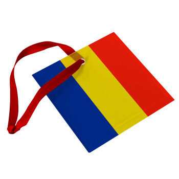 Romania flag, Χριστουγεννιάτικο στολίδι γυάλινο τετράγωνο 9x9cm