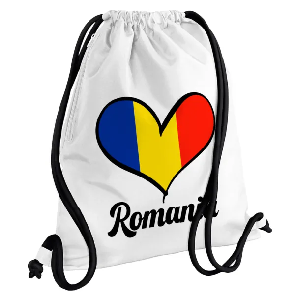 Romania flag — Τσάντα πλάτης πουγκί GYMBAG λευκή, με τσέπη (40x48cm) & χονδρά κορδόνια