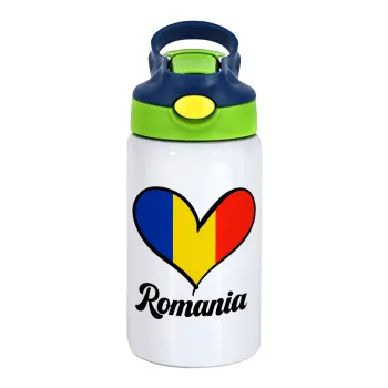 Romania flag, Children's hot water bottle, stainless steel, with safety straw, green, blue (350ml)