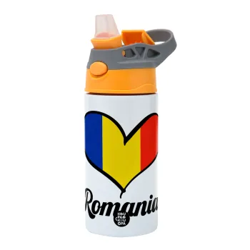 Romania flag, Children's hot water bottle, stainless steel, with safety straw, Orange/Grey (360ml) BPA-FREE