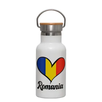 Romania flag, Μεταλλικό παγούρι θερμός (Stainless steel) Λευκό με ξύλινο καπακι (bamboo), διπλού τοιχώματος, 350ml