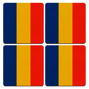 Romania flag, ΣΕΤ x4 Σουβέρ ξύλινα τετράγωνα plywood (9cm)