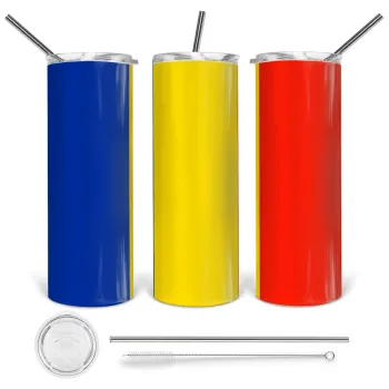 Romania flag, Tumbler stainless steel 600ml, with metal straw & cleaning brush