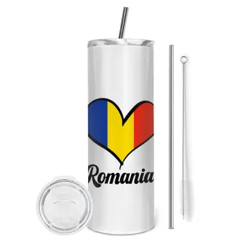 Romania flag, Tumbler ποτήρι θερμό από ανοξείδωτο ατσάλι 600ml, με μεταλλικό καλαμάκι & βούρτσα καθαρισμού