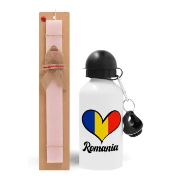 Romania flag, Easter Set, metallic aluminum bottle (500ml) & aromatic flat Easter candle (30cm) (PINK)