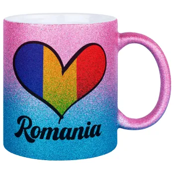 Romania flag, Κούπα Χρυσή/Μπλε Glitter, κεραμική, 330ml