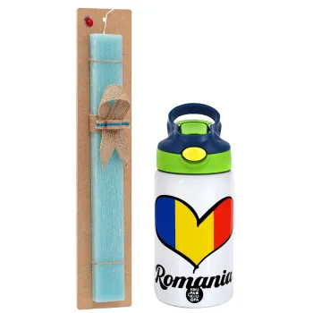 Romania flag, Easter Set, Children's thermal stainless steel bottle with safety straw, green/blue (350ml) & aromatic flat Easter candle (30cm) (TURQUOISE)