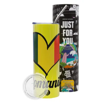 Romania flag, Neon Yellow Travel Tumbler θερμό, μεταλλικό καλαμάκι(Ανωξείδωτο 304 Food grade, BPA free, 600ml)
