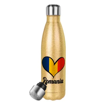 Romania flag, Μεταλλικό παγούρι θερμός Glitter χρυσό (Stainless steel), διπλού τοιχώματος, 500ml