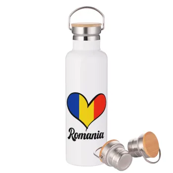 Romania flag, Μεταλλικό παγούρι θερμός (Stainless steel) Λευκό με ξύλινο καπάκι (bamboo), διπλού τοιχώματος, 750ml