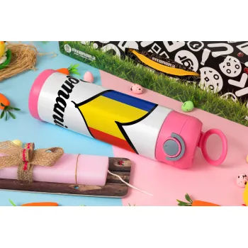 Romania flag, Easter candle, Childrens hot water bottle, stainless steel, with safety straw, PINK (500ml)