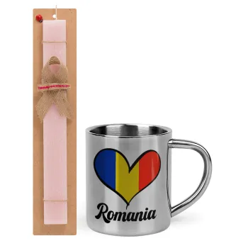 Romania flag, Easter Set, metallic thermal cup (300ml) & aromatic flat Easter candle (30cm) (PINK)