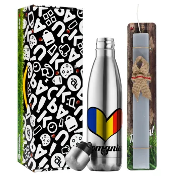 Romania flag, Easter Set, metallic stainless thermos flask (500ml) & scented flat Easter candle (30cm) (GRAY)