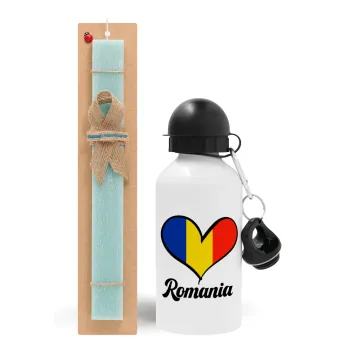 Romania flag, Easter Set, metallic aluminum water bottle (500ml) & scented flat candle (30cm) (TURQUOISE)