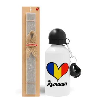 Romania flag, Easter Set, metallic aluminum water bottle (500ml) & aromatic flat Easter candle (30cm) (GRAY)
