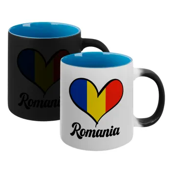 Romania flag, Κούπα Μαγική εσωτερικό μπλε, κεραμική 330ml που αλλάζει χρώμα με το ζεστό ρόφημα