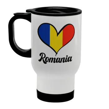 Romania flag, Κούπα ταξιδιού ανοξείδωτη με καπάκι, διπλού τοιχώματος (θερμό) λευκή 450ml