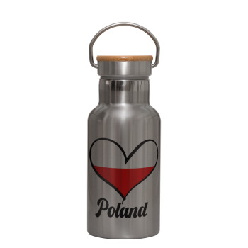 Poland flag, Stainless steel metallic thermos flask, silver with a bamboo lid, double-walled, 350ml.