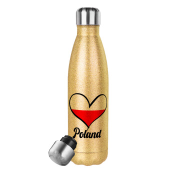 Poland flag, Μεταλλικό παγούρι θερμός Glitter χρυσό (Stainless steel), διπλού τοιχώματος, 500ml