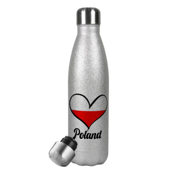 Poland flag, Μεταλλικό παγούρι θερμός Glitter Aσημένιο (Stainless steel), διπλού τοιχώματος, 500ml