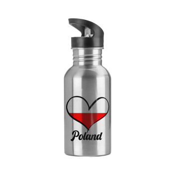 Poland flag, Water bottle Silver with straw, stainless steel 600ml