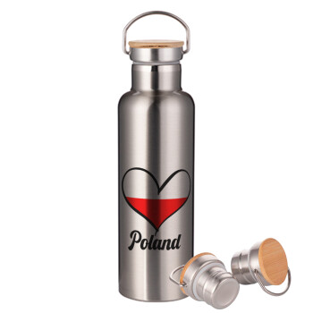 Poland flag, Stainless steel Silver with wooden lid (bamboo), double wall, 750ml