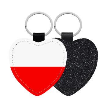 Poland flag, Μπρελόκ PU δερμάτινο glitter καρδιά ΜΑΥΡΟ