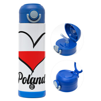 Poland flag, Children's hot water bottle, stainless steel, with safety straw, BLUE (500ml)