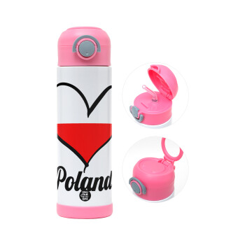 Poland flag, Children's hot water bottle, stainless steel, with safety straw, PINK (500ml)