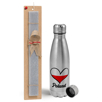 Poland flag, Easter Set, metallic Inox water bottle (750ml) & aromatic flat Easter candle (30cm) (GRAY)