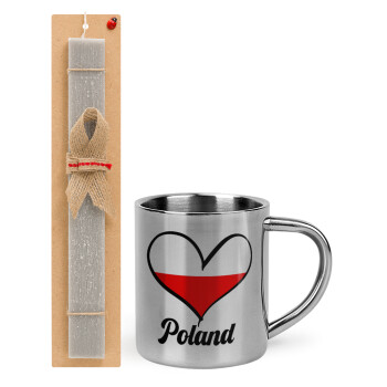 Poland flag, Easter Set, metallic thermal cup (300ml) & Easter aromatic flat candle (30cm) (GRAY)
