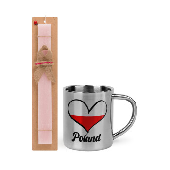 Poland flag, Πασχαλινό Σετ, μεταλλική κούπα θερμό (300ml) & πασχαλινή λαμπάδα αρωματική πλακέ (30cm) (ΡΟΖ)