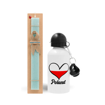 Poland flag, Easter Set, metallic aluminum water bottle (500ml) & scented flat candle (30cm) (TURQUOISE)
