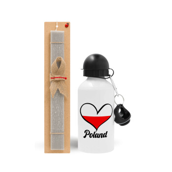 Poland flag, Πασχαλινό Σετ, παγούρι μεταλλικό  αλουμινίου (500ml) & πασχαλινή λαμπάδα αρωματική πλακέ (30cm) (ΓΚΡΙ)