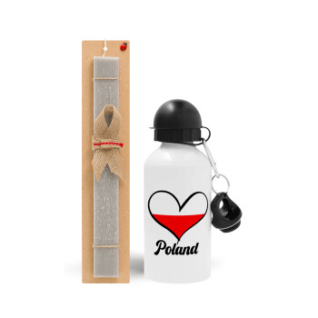 Poland flag, Easter Set, metallic aluminum water bottle (500ml) & aromatic flat Easter candle (30cm) (GRAY)