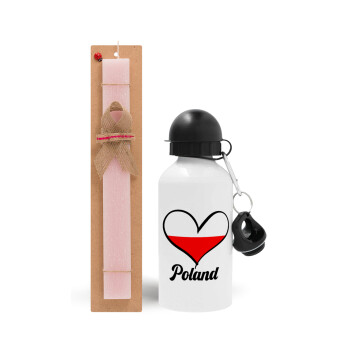 Poland flag, Easter Set, metallic aluminum bottle (500ml) & aromatic flat Easter candle (30cm) (PINK)